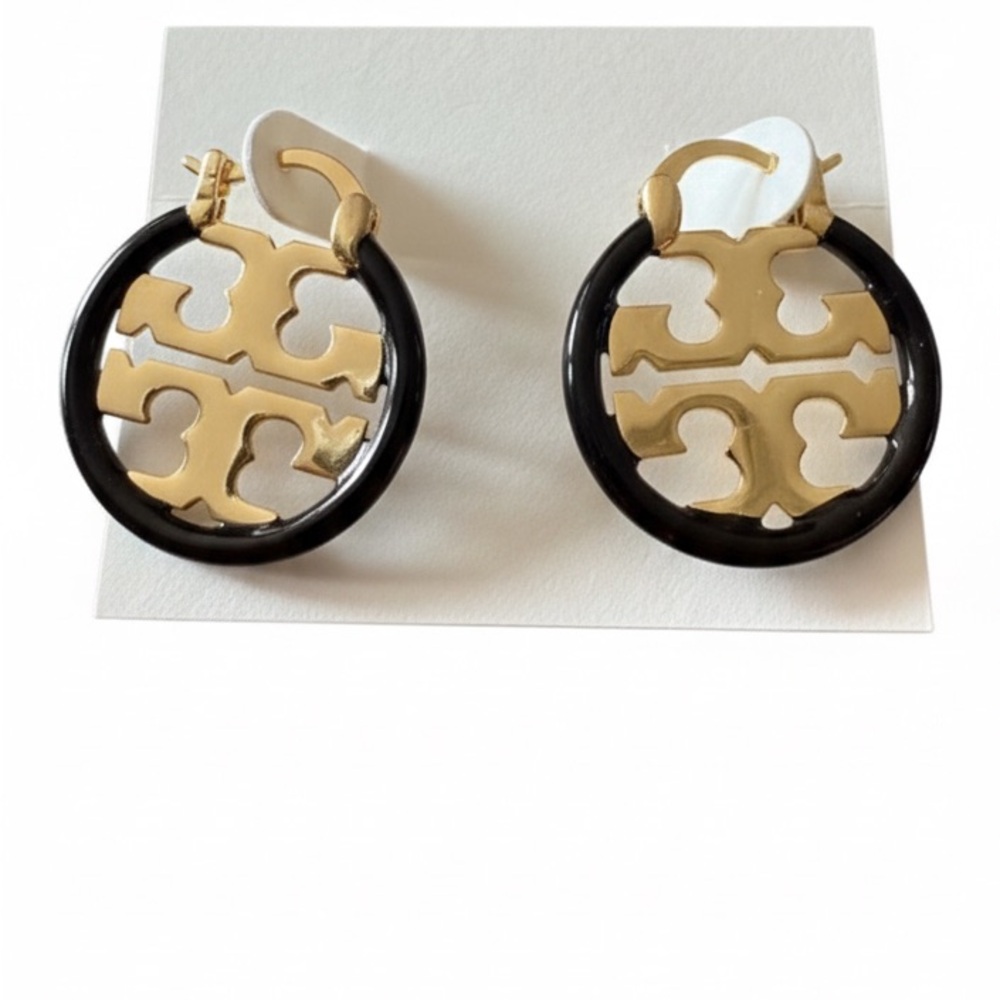 Tory Burch Black and Gold Logo Earrings